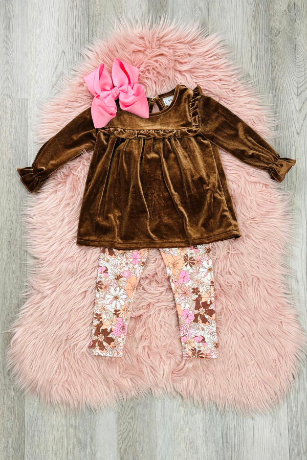 Pink & Brown Velvet Floral Pant Set