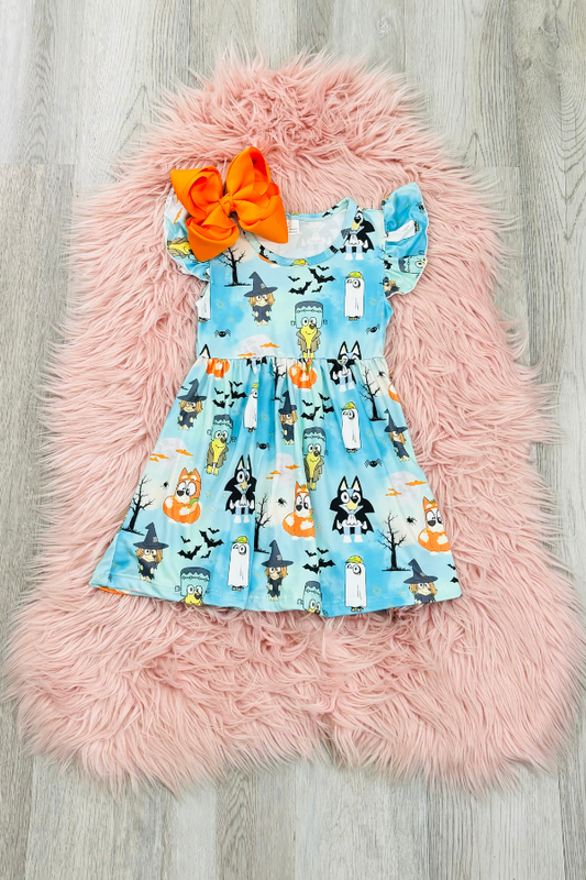 Blue Flutter Sleeve Scary Dog Dress