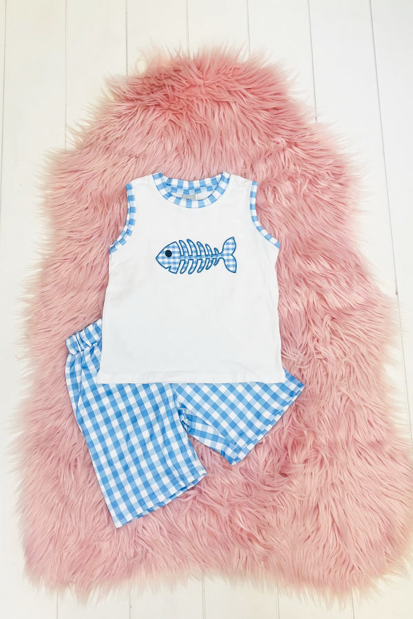 Blue Gingham Fish Short Set