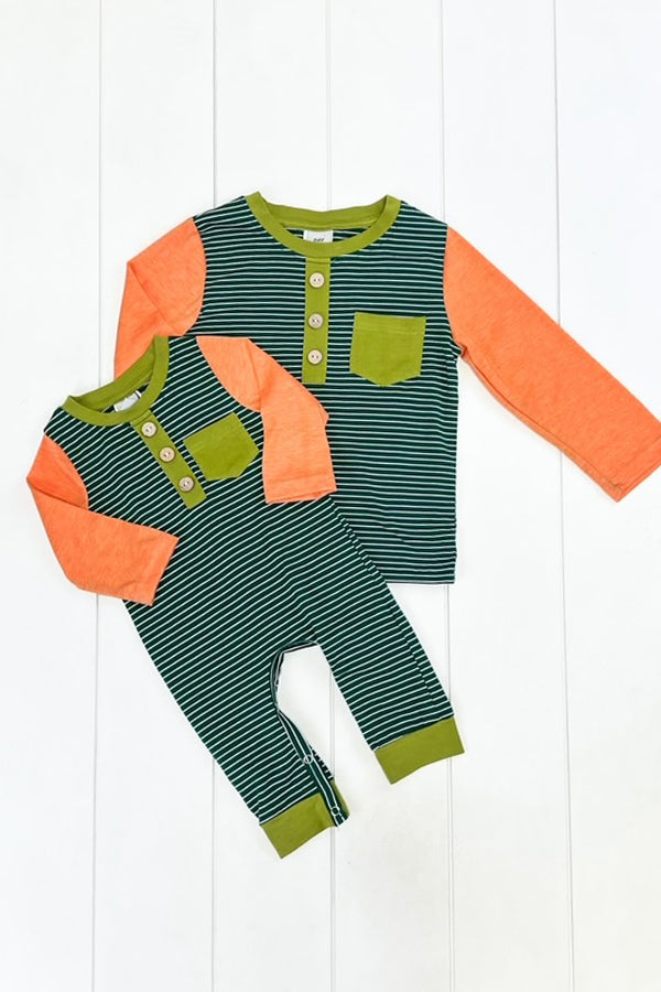 Orange & Olive Stripe Pocket Romper