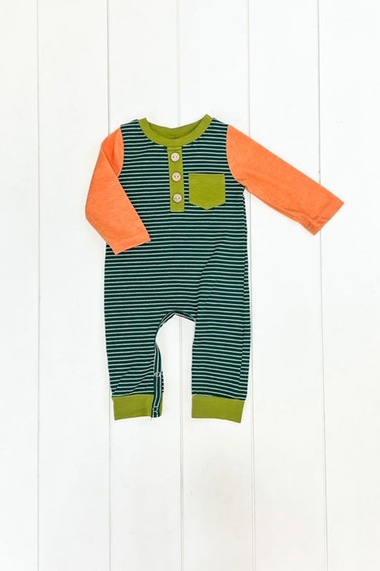 Orange & Olive Stripe Pocket Romper