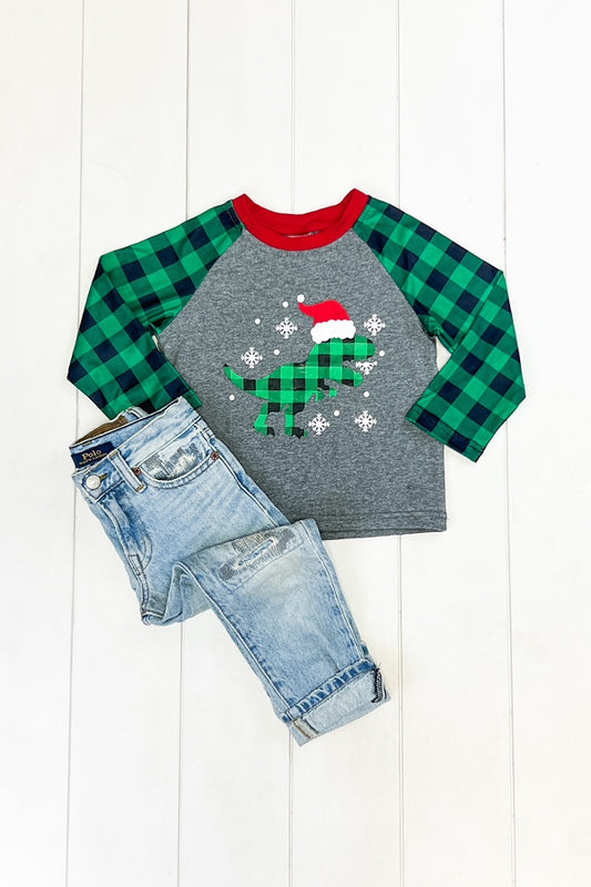 Green & Black Gingham Dino Raglan