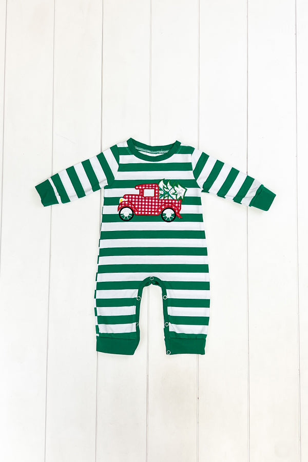 Green Stripe Christmas Truck Romper