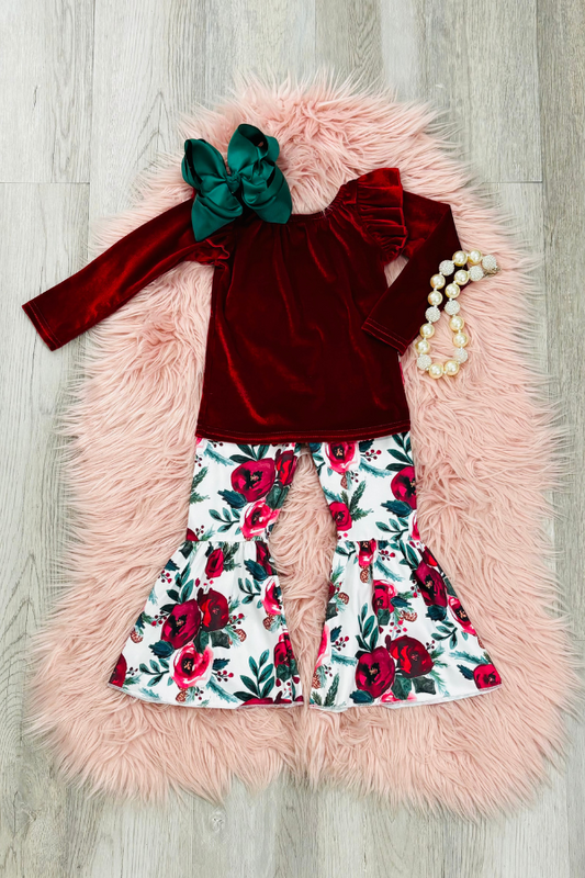 Burgundy Floral Bell Pant Set