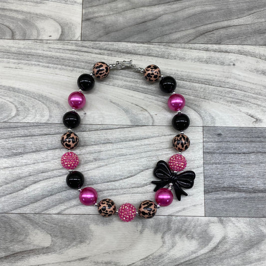 Black & Hot Pink Rhinestone Leopard Bow Necklace