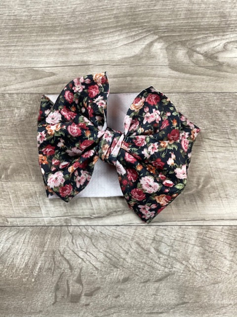 Black Floral Fabric Messy Bow Headband