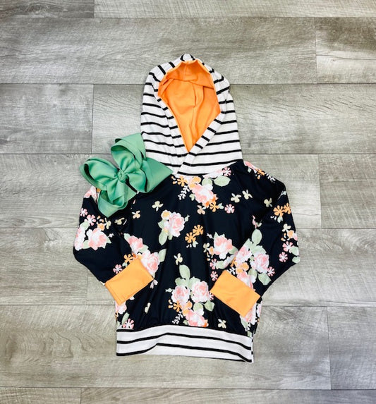 Black Stripe & Orange Floral Hoodie