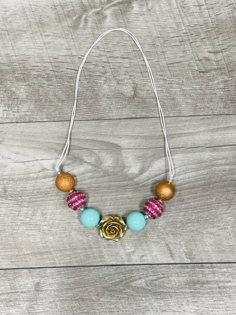 Adjustable- Pink Aqua & Gold Rose Necklace