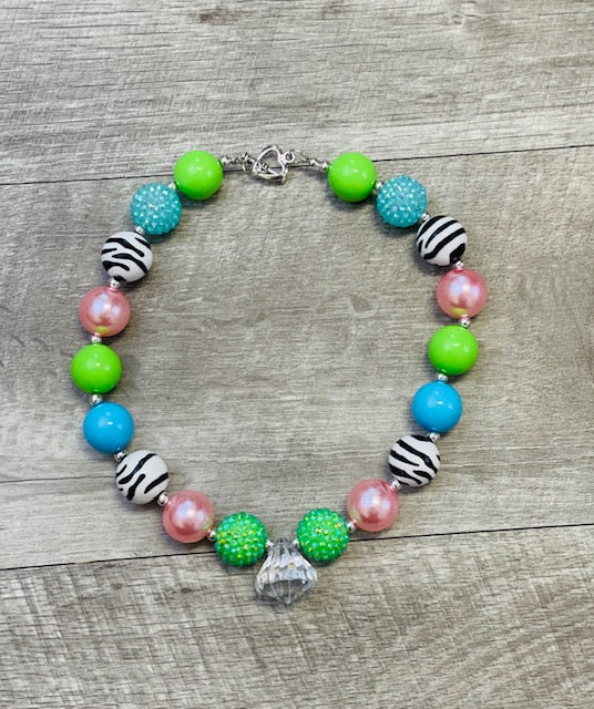 Lime Pink Blue & Zebra Necklace